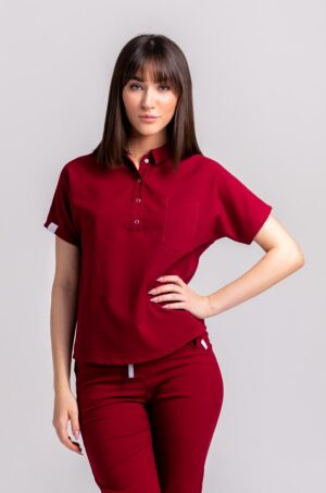 Bluza medyczna damska SCRUBS z kołnierzykiem Lea™ – Bordo