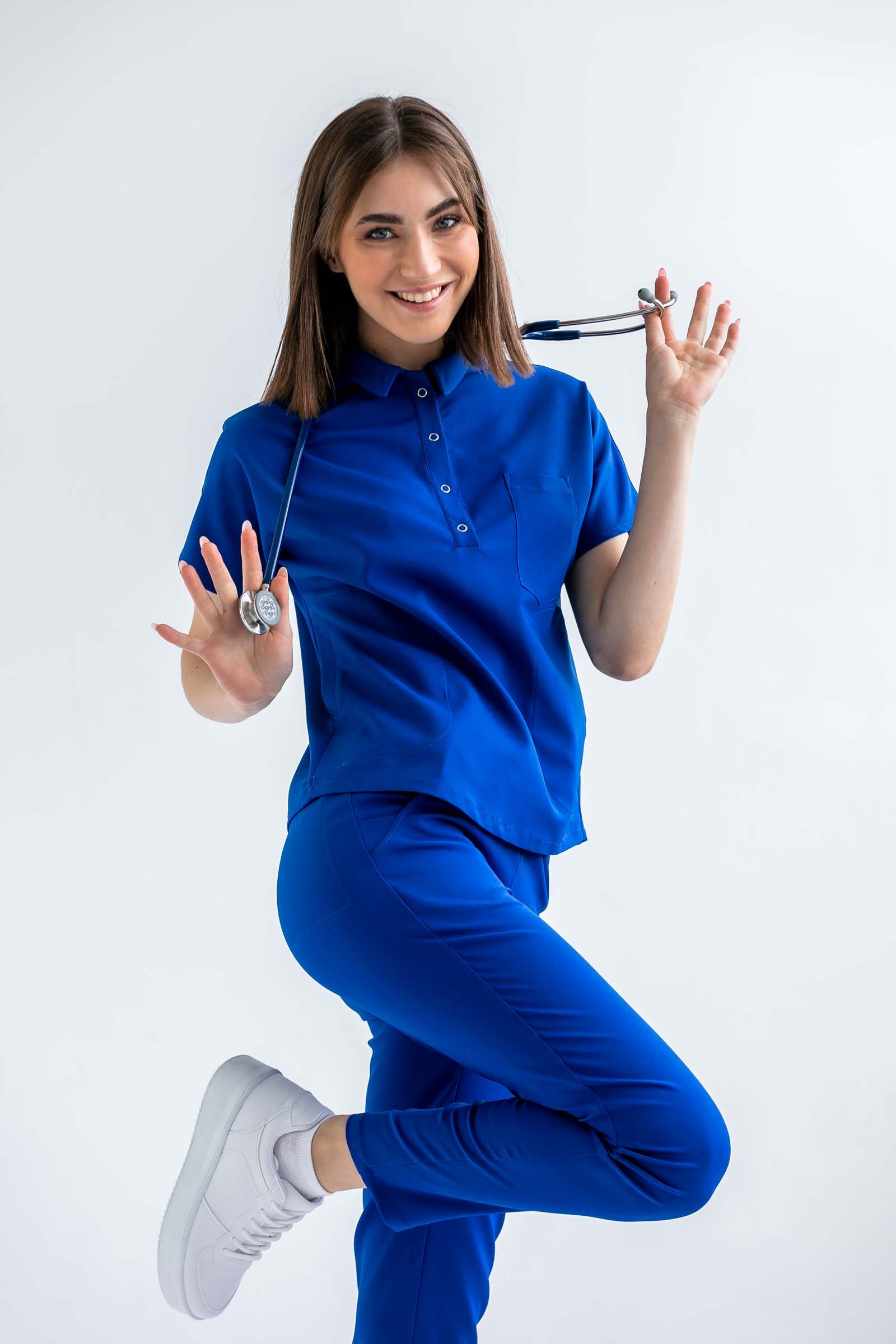 Bluza medyczna damska SCRUBS z kołnierzykiem Lea™ – Deep Blue
